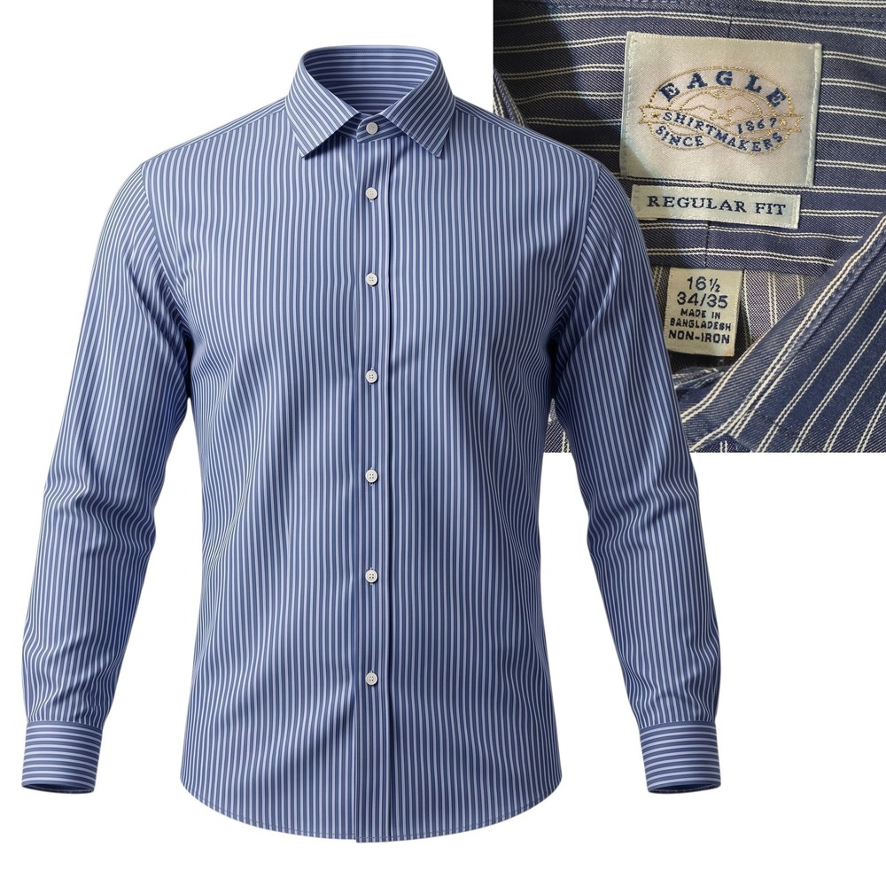 Eagle Dress Shirt Men 16.5 34/35 Blue Striped Regular Fit Non-Iron Long Sleeve